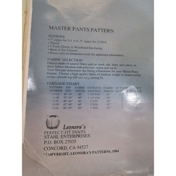 Leonora's Perfect Fit Pant Illustrated Instructions 111C For Hips 40 to 44 Uncut - Picture 12 of 16